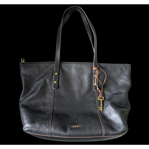 Fossil Jenna Black Pebbled Leather Tote Shoulder Bag Purse Large Zipper - Picture 1 of 11